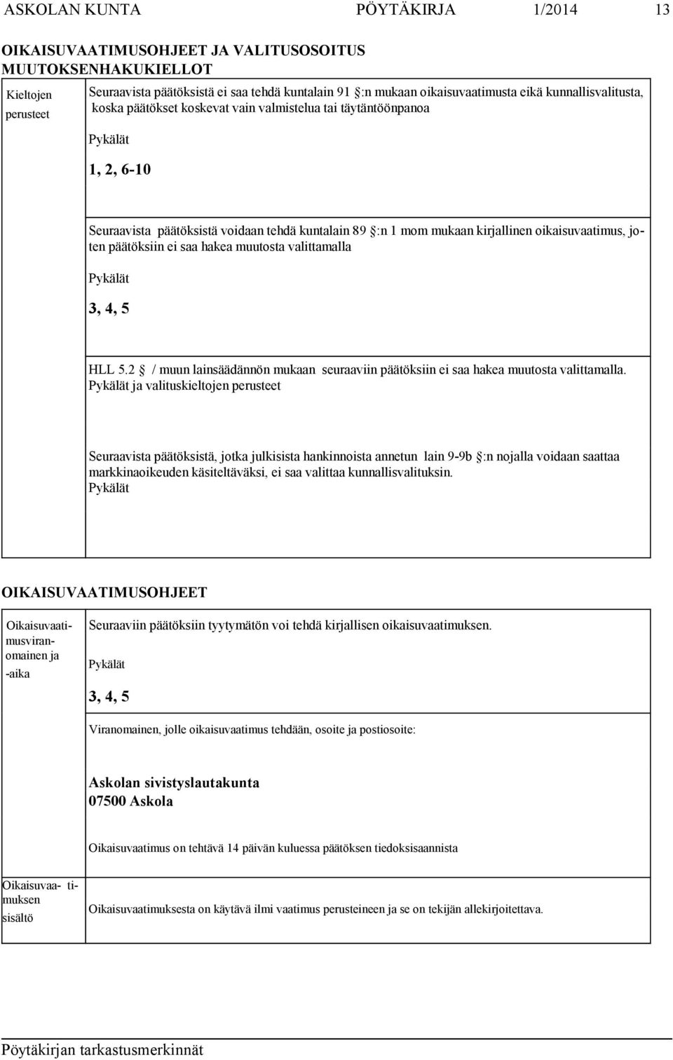 joten päätöksiin ei saa hakea muutosta valittamalla Pykälät 3, 4, 5 HLL 5.2 / muun lainsäädännön mukaan seuraaviin päätöksiin ei saa hakea muutosta valittamalla.