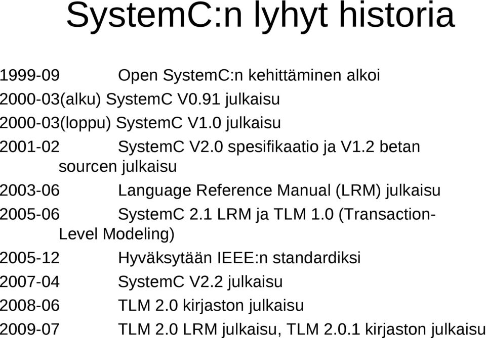 2 betan sourcen julkaisu 2003-06 Language Reference Manual (LRM) julkaisu 2005-06 SystemC 2.1 LRM ja TLM 1.