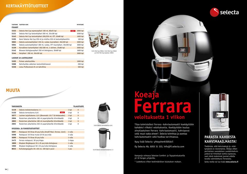 kartonkipikareihin 100 kpl 5063 Selecta automaattipikari 150 ml, ruskea muovipikari, 30x100 kpl 3000 kpl 5064 Selecta automaattipikari 180 ml, ruskea, CFT muovipikari, 30x100 kpl 3000 kpl 5139