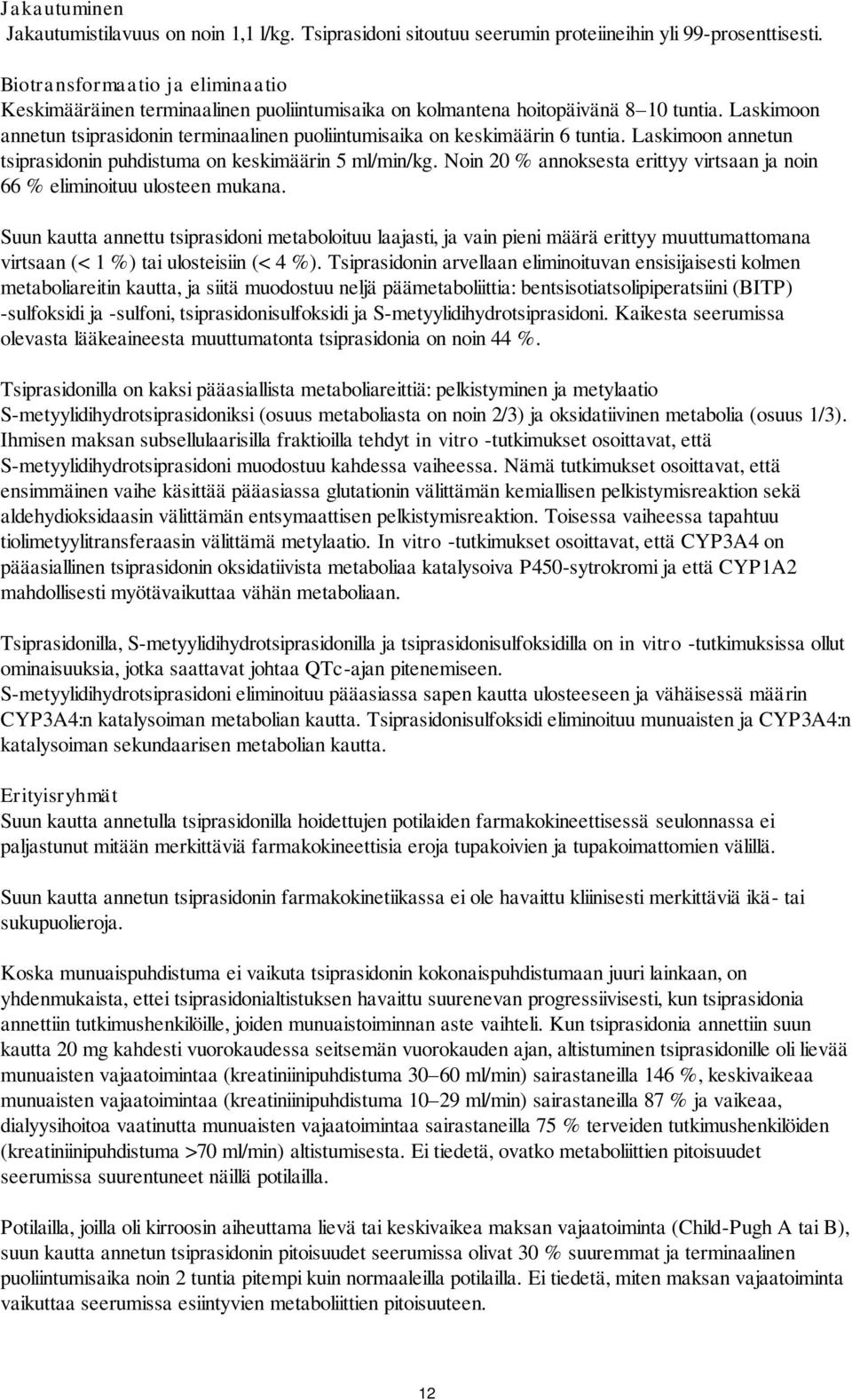 Laskimoon annetun tsiprasidonin terminaalinen puoliintumisaika on keskimäärin 6 tuntia. Laskimoon annetun tsiprasidonin puhdistuma on keskimäärin 5 ml/min/kg.