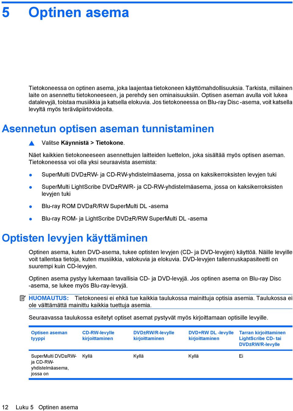 Asennetun optisen aseman tunnistaminen Valitse Käynnistä > Tietokone. Näet kaikkien tietokoneeseen asennettujen laitteiden luettelon, joka sisältää myös optisen aseman.