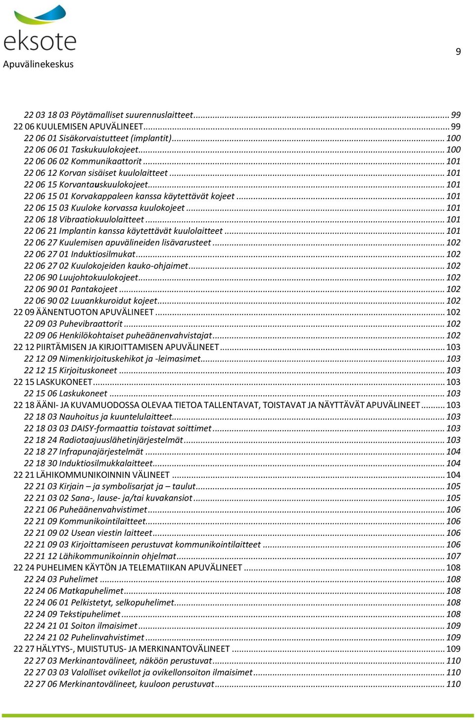 .. 101 22 06 18 Vibraatiokuulolaitteet... 101 22 06 21 Implantin kanssa käytettävät kuulolaitteet... 101 22 06 27 Kuulemisen apuvälineiden lisävarusteet... 102 22 06 27 01 Induktiosilmukat.