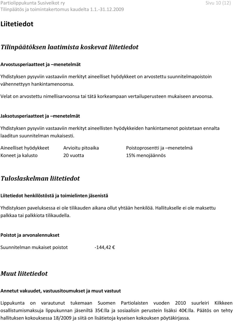 Jaksotusperiaatteet ja menetelmät Yhdistyksen pysyviin vastaaviin merkityt aineellisten hyödykkeiden hankintamenot poistetaan ennalta laaditun suunnitelman mukaisesti.