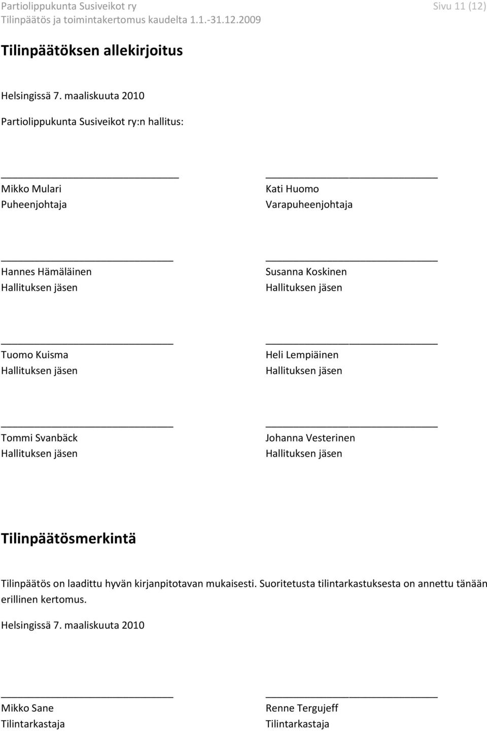 Susanna Koskinen Hallituksen jäsen Tuomo Kuisma Hallituksen jäsen Heli Lempiäinen Hallituksen jäsen Tommi Svanbäck Hallituksen jäsen Johanna Vesterinen