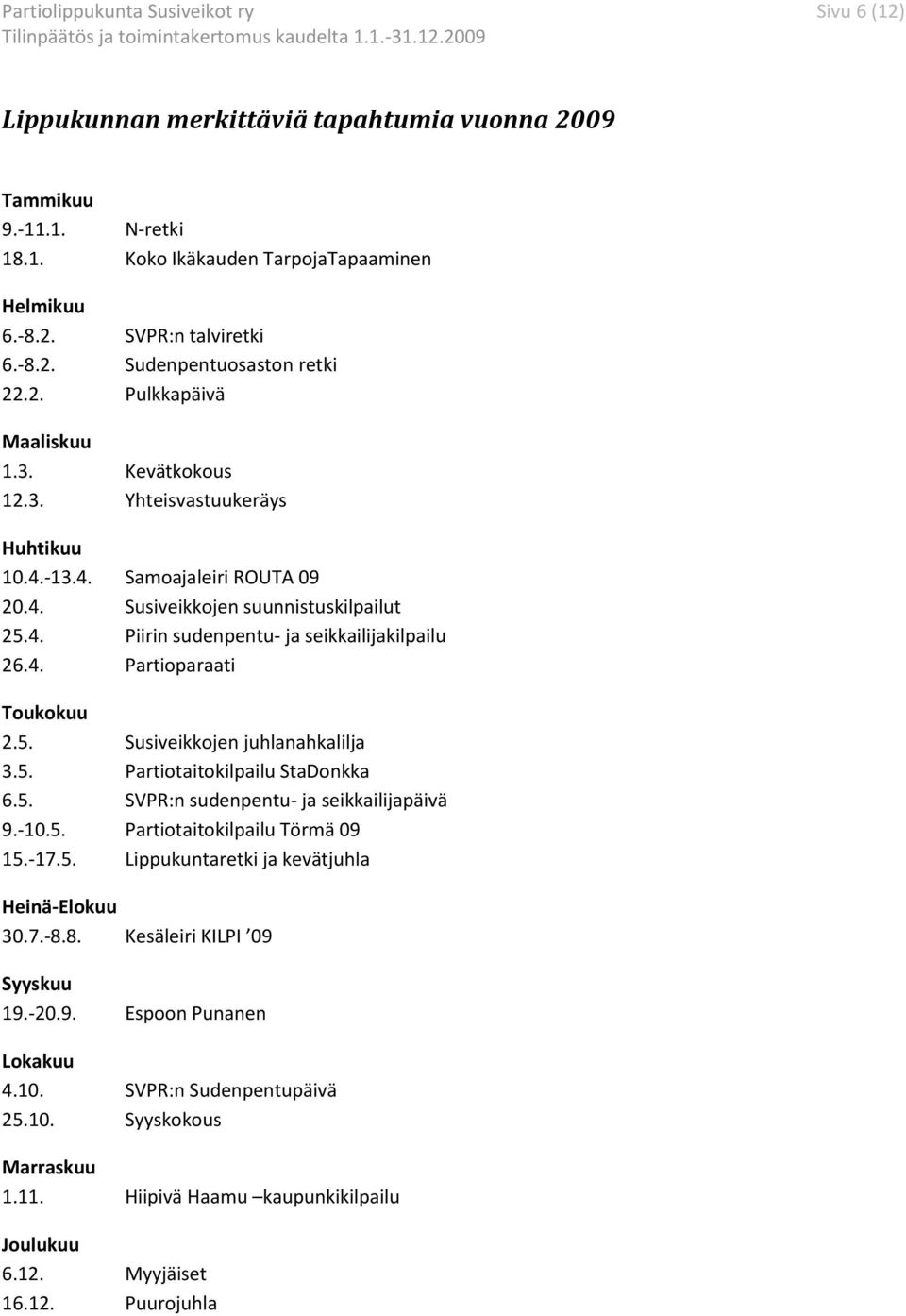 5. Susiveikkojen juhlanahkalilja 3.5. Partiotaitokilpailu StaDonkka 6.5. SVPR:n sudenpentu- ja seikkailijapäivä 9.-10.5. Partiotaitokilpailu Törmä 09 15.-17.5. Lippukuntaretki ja kevätjuhla Heinä-Elokuu 30.