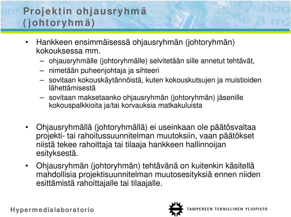 sovitaan maksetaanko ohjausryhmän (johtoryhmän) jäsenille kokouspalkkioita ja/tai korvauksia matkakuluista Ohjausryhmällä (johtoryhmällä) ei useinkaan ole päätösvaltaa projekti- tai