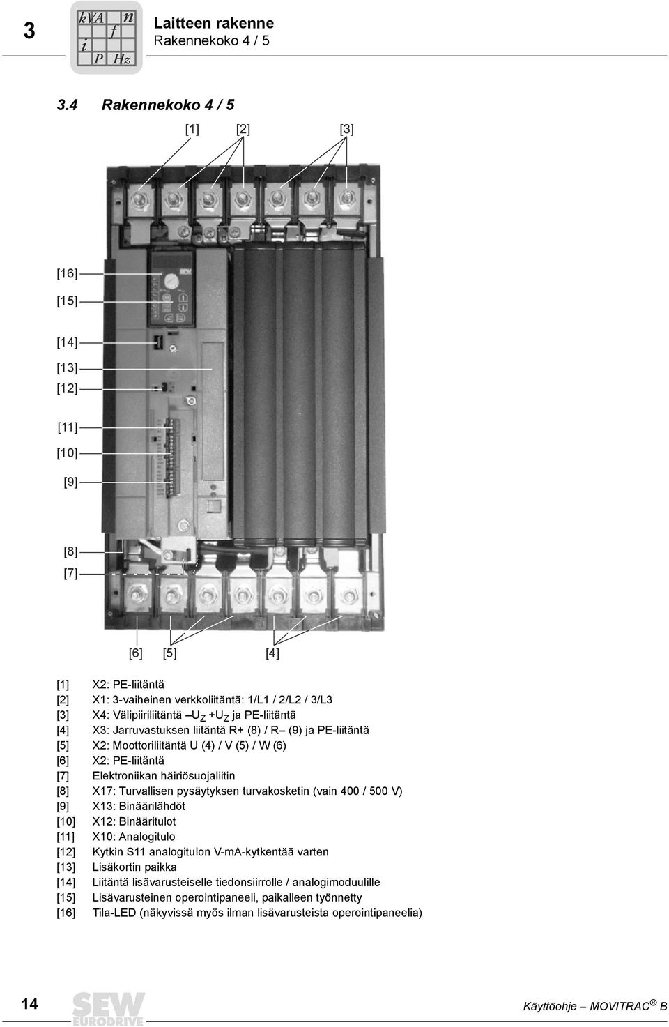 [4] X3: Jarruvastukse ltätä R+ (8) / R (9) ja E-ltätä [5] X2: Moottorltätä U (4) / V (5) / W (6) [6] X2: E-ltätä [7] Elektroka härösuojalt [8] X17: Turvallse pysäytykse