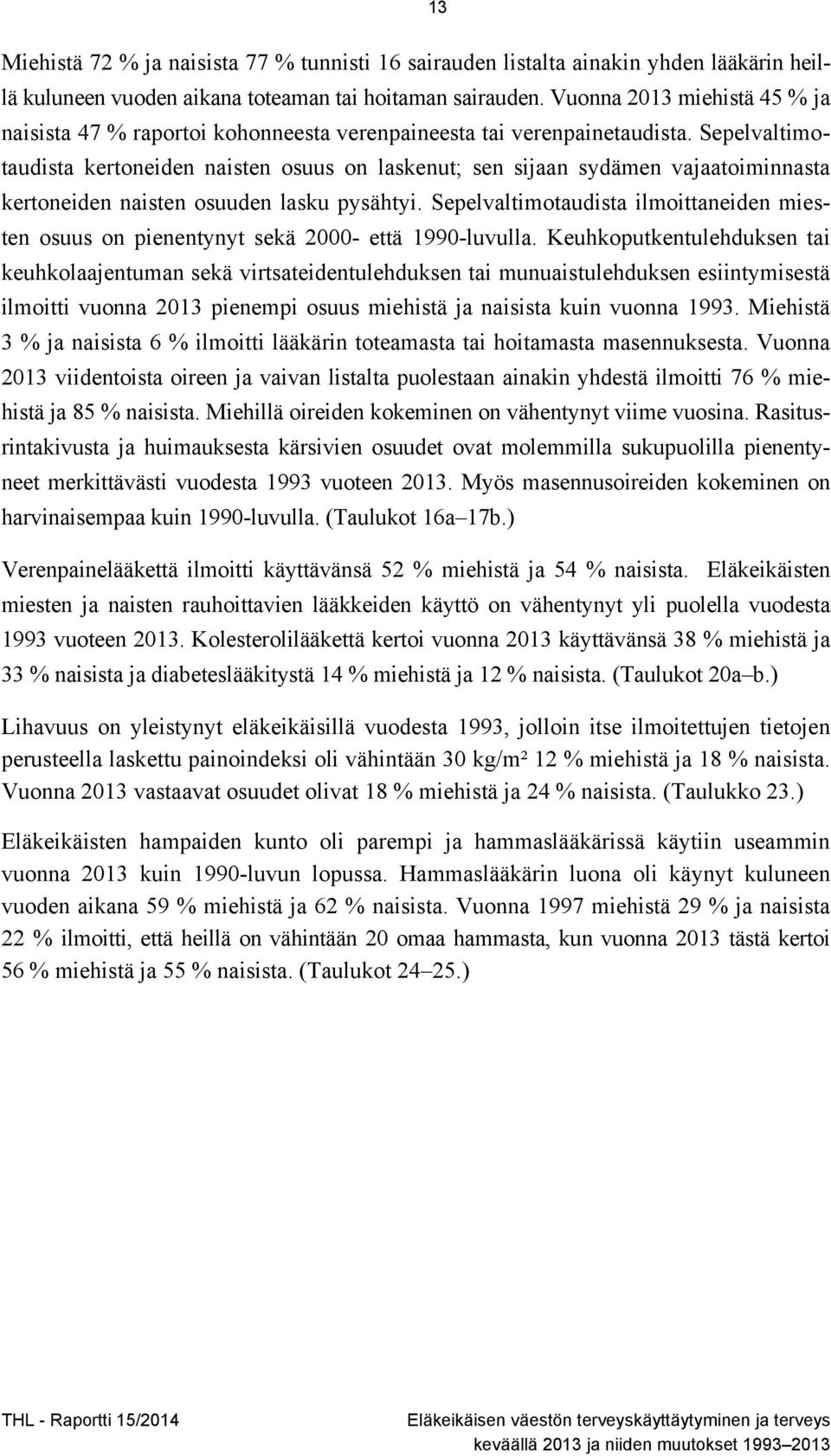 Sepelvaltimotaudista kertoneiden naisten osuus on laskenut; sen sijaan sydämen vajaatoiminnasta kertoneiden naisten osuuden lasku pysähtyi.