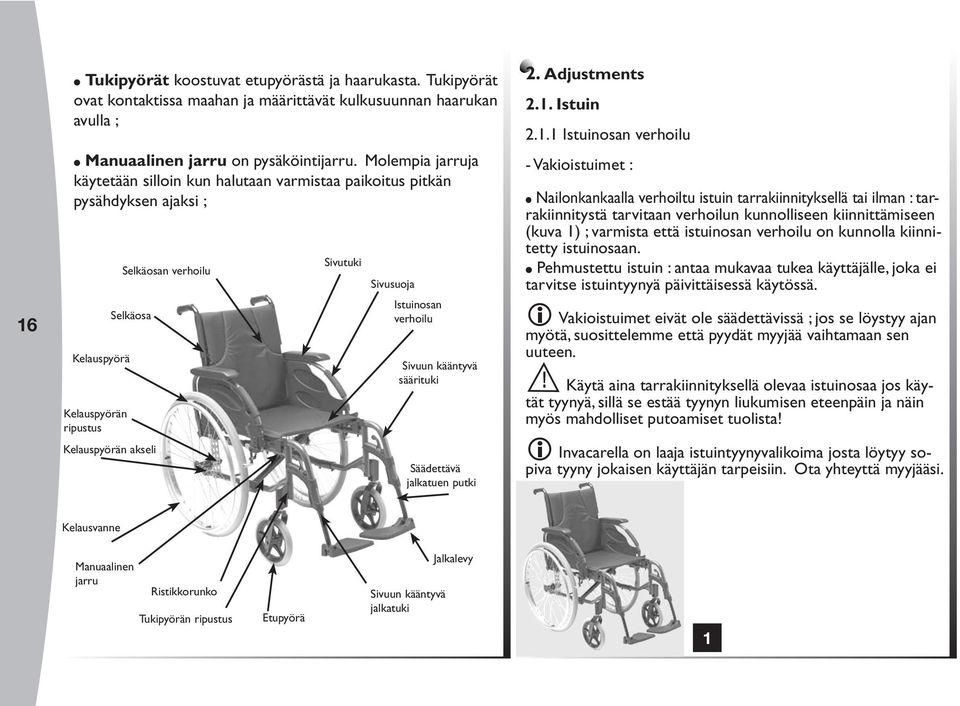 Istuinosan verhoilu Sivuun kääntyvä säärituki Säädettävä jalkatuen putki 2. djustments 2.1.