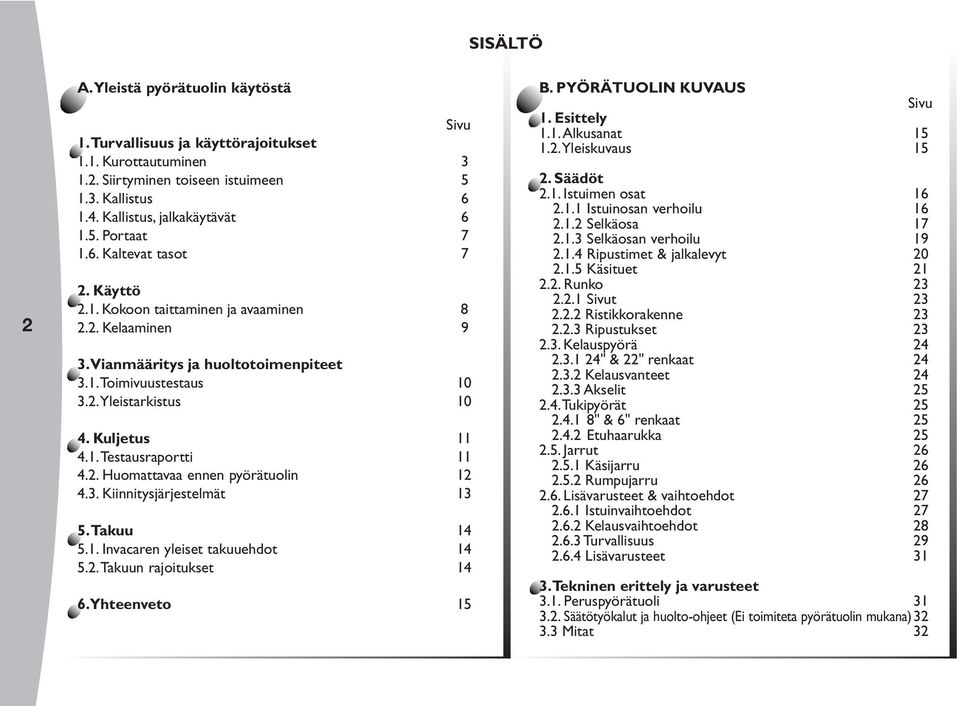 2. Huomattavaa ennen pyörätuolin 12 4.3. Kiinnitysjärjestelmät 13 5. Takuu 14 5.1. Invacaren yleiset takuuehdot 14 5.2. Takuun rajoitukset 14 6. Yhteenveto 15 B. PYÖRÄTUOLIN KUVUS Sivu 1. Esittely 1.