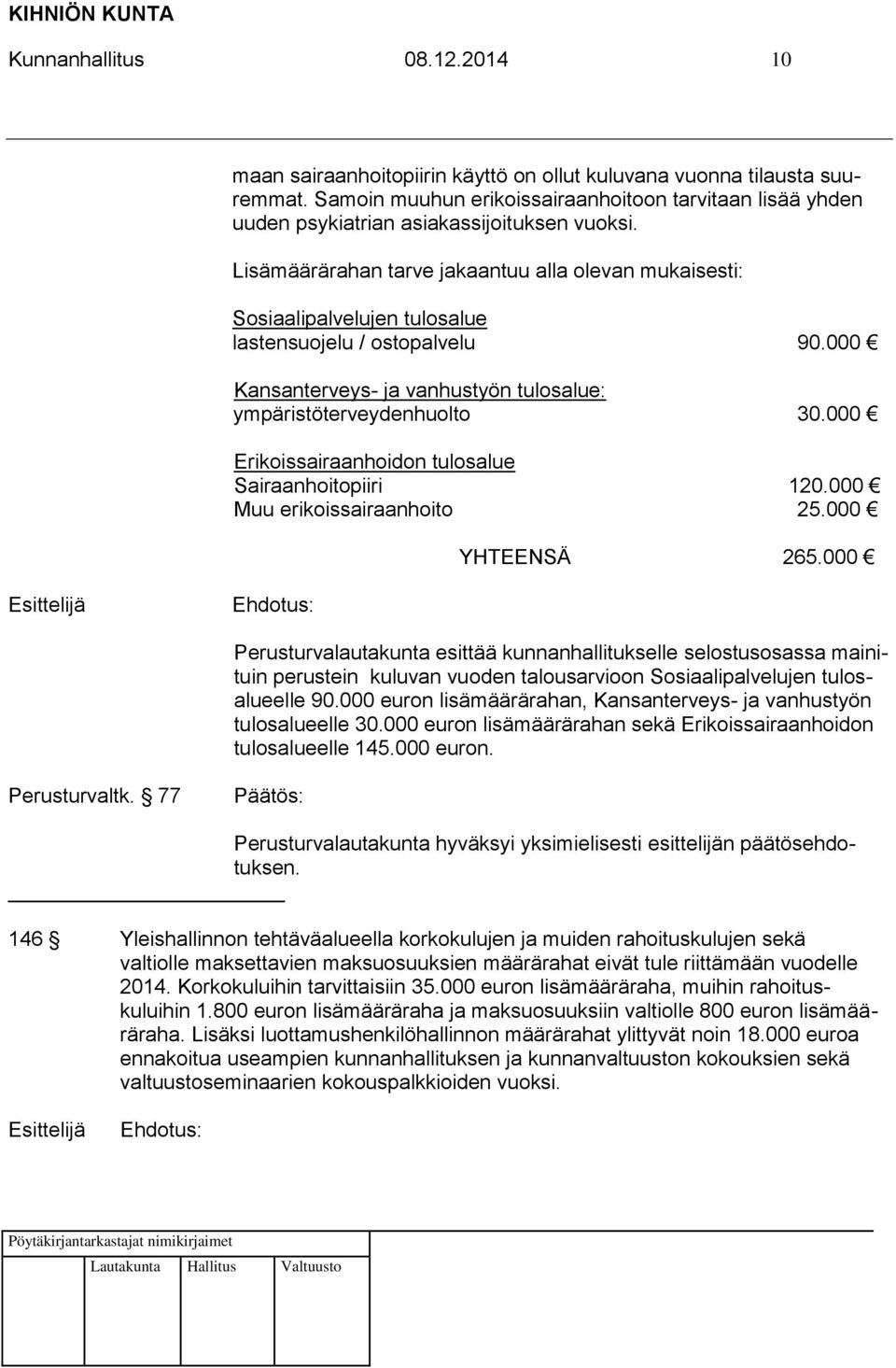 Lisämäärärahan tarve jakaantuu alla olevan mukaisesti: Sosiaalipalvelujen tulosalue lastensuojelu / ostopalvelu 90.000 Kansanterveys- ja vanhustyön tulosalue: ympäristöterveydenhuolto 30.