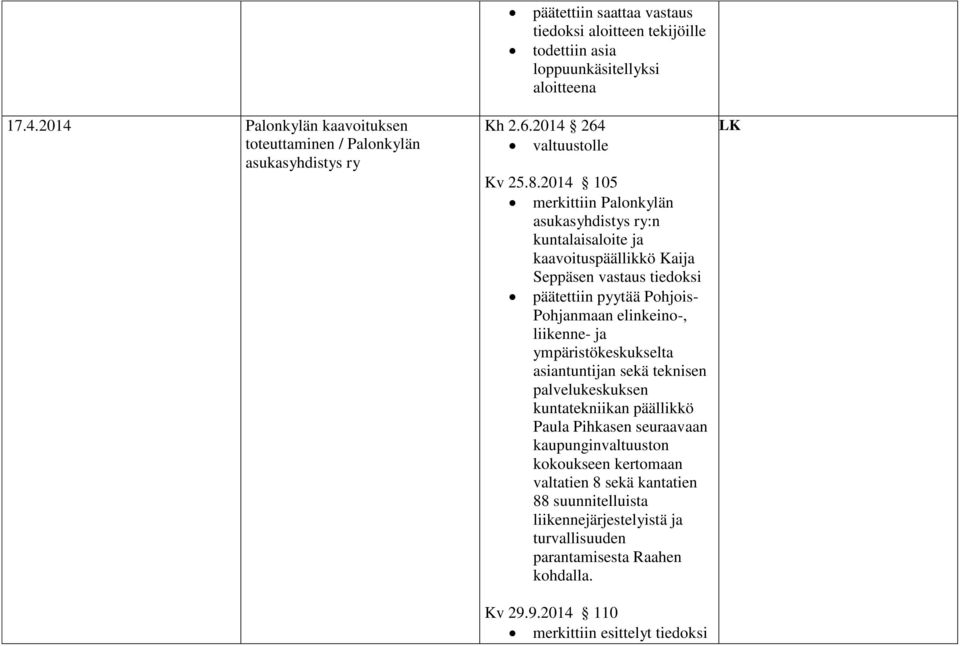2014 105 merkittiin Palonkylän asukasyhdistys ry:n kuntalaisaloite ja kaavoituspäällikkö Kaija Seppäsen vastaus tiedoksi päätettiin pyytää Pohjois- Pohjanmaan elinkeino-,