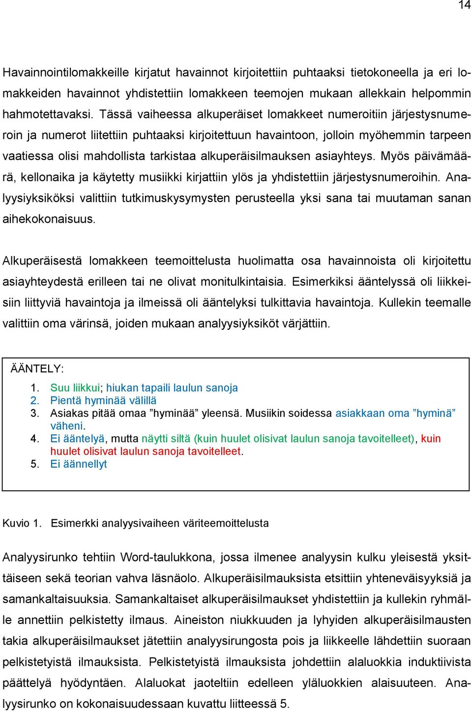 alkuperäisilmauksen asiayhteys. Myös päivämäärä, kellonaika ja käytetty musiikki kirjattiin ylös ja yhdistettiin järjestysnumeroihin.