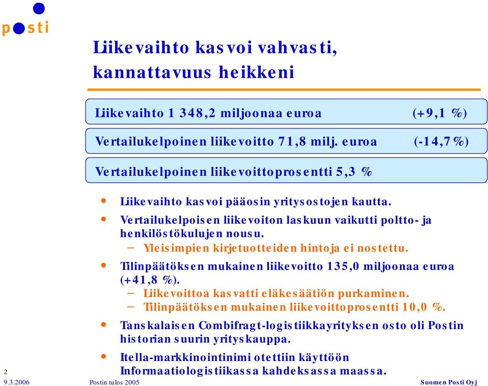 Vertailukelpoisen liikevoiton laskuun vaikutti poltto ja henkilöstökulujen nousu. Yleisimpien kirjetuotteiden hintoja ei nostettu.