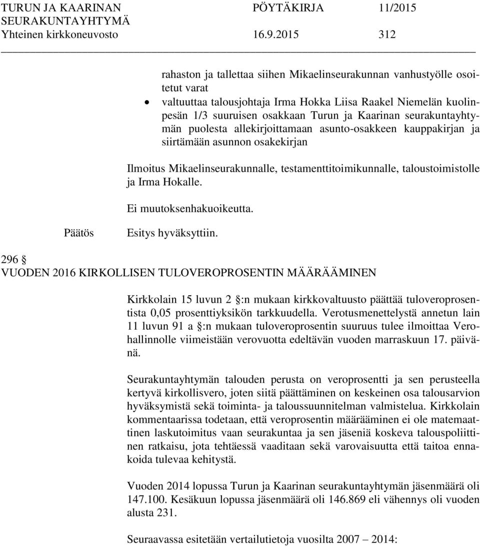 seurakuntayhtymän puolesta allekirjoittamaan asunto-osakkeen kauppakirjan ja siirtämään asunnon osakekirjan Ilmoitus Mikaelinseurakunnalle, testamenttitoimikunnalle, taloustoimistolle ja Irma Hokalle.