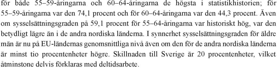 Även om sysselsättningsgraden på 59,1 procent för 55 64-åringarna var historiskt hög, var den betydligt lägre än i de andra nordiska länderna.