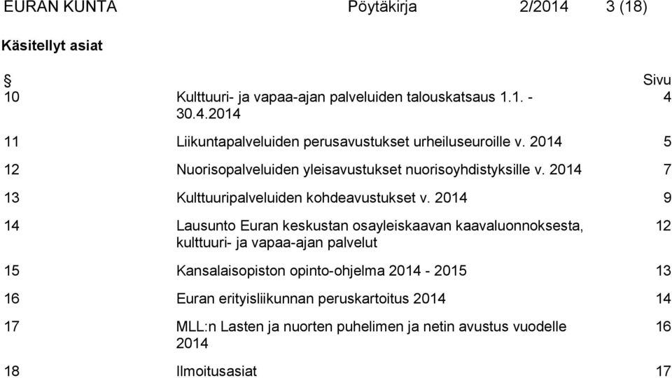 2014 9 14 Lausunto Euran keskustan osayleiskaavan kaavaluonnoksesta, kulttuuri- ja vapaa-ajan palvelut 12 15 Kansalaisopiston opinto-ohjelma 2014-2015