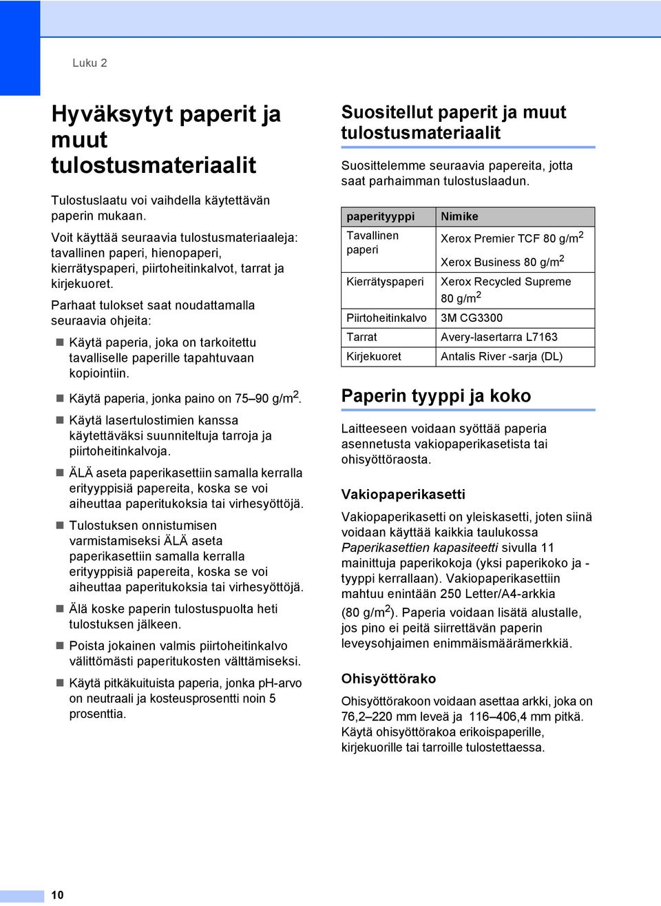 Parhaat tulokset saat noudattamalla seuraavia ohjeita: Käytä paperia, joka on tarkoitettu tavalliselle paperille tapahtuvaan kopiointiin. Käytä paperia, jonka paino on 75 90 g/m 2.