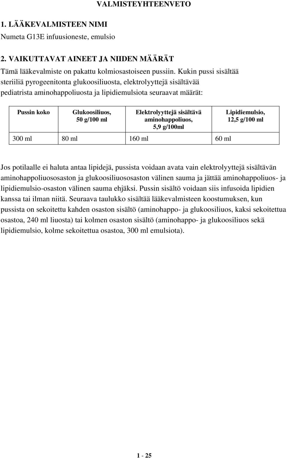 Elektrolyyttejä sisältävä aminohappoliuos, 5,9 g/100ml 300 ml 80 ml 160 ml 60 ml Lipidiemulsio, 12,5 g/100 ml Jos potilaalle ei haluta antaa lipidejä, pussista voidaan avata vain elektrolyyttejä