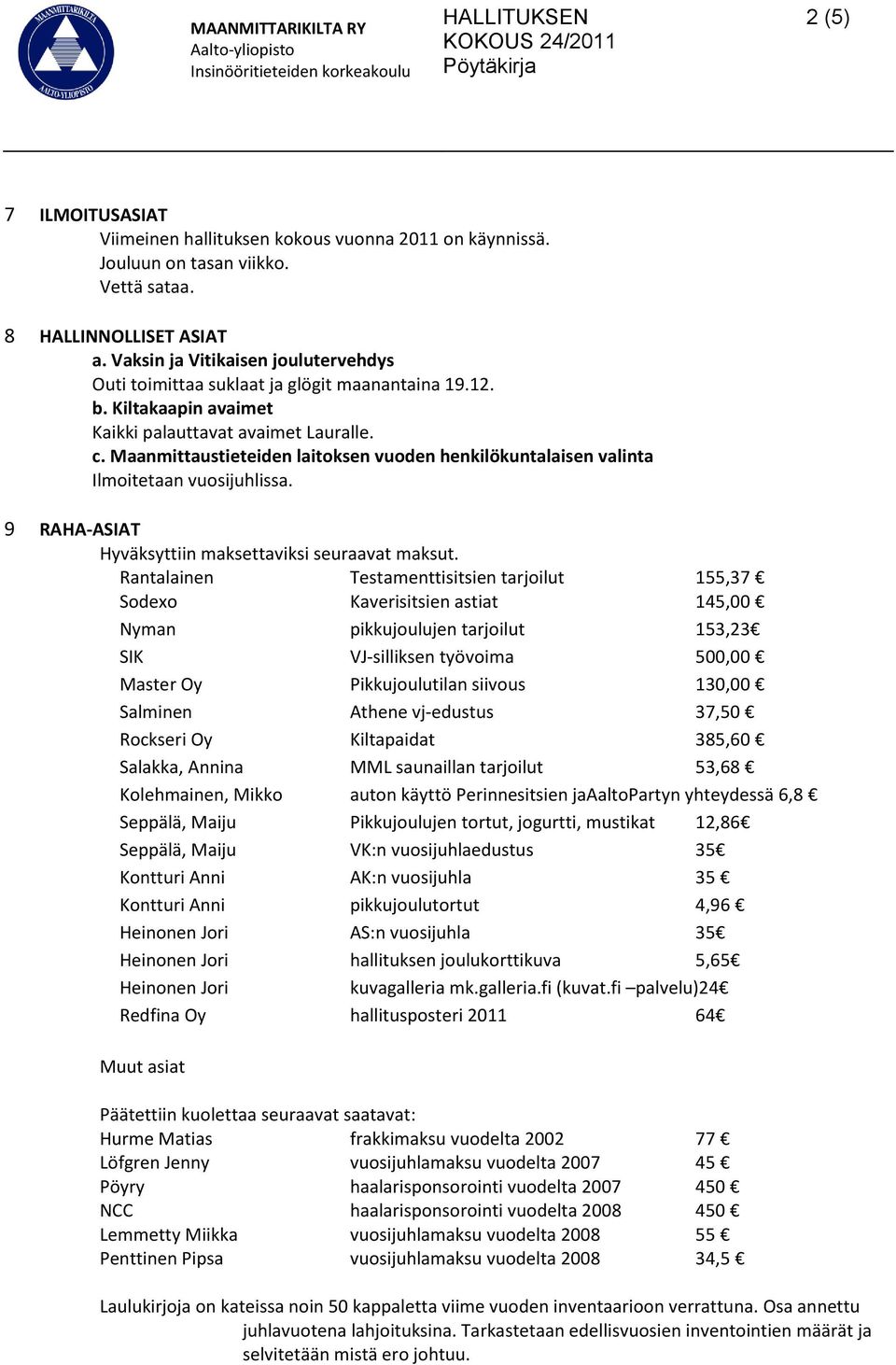 Maanmittaustieteiden laitoksen vuoden henkilökuntalaisen valinta Ilmoitetaan vuosijuhlissa. 9 RAHA-ASIAT Hyväksyttiin maksettaviksi seuraavat maksut.