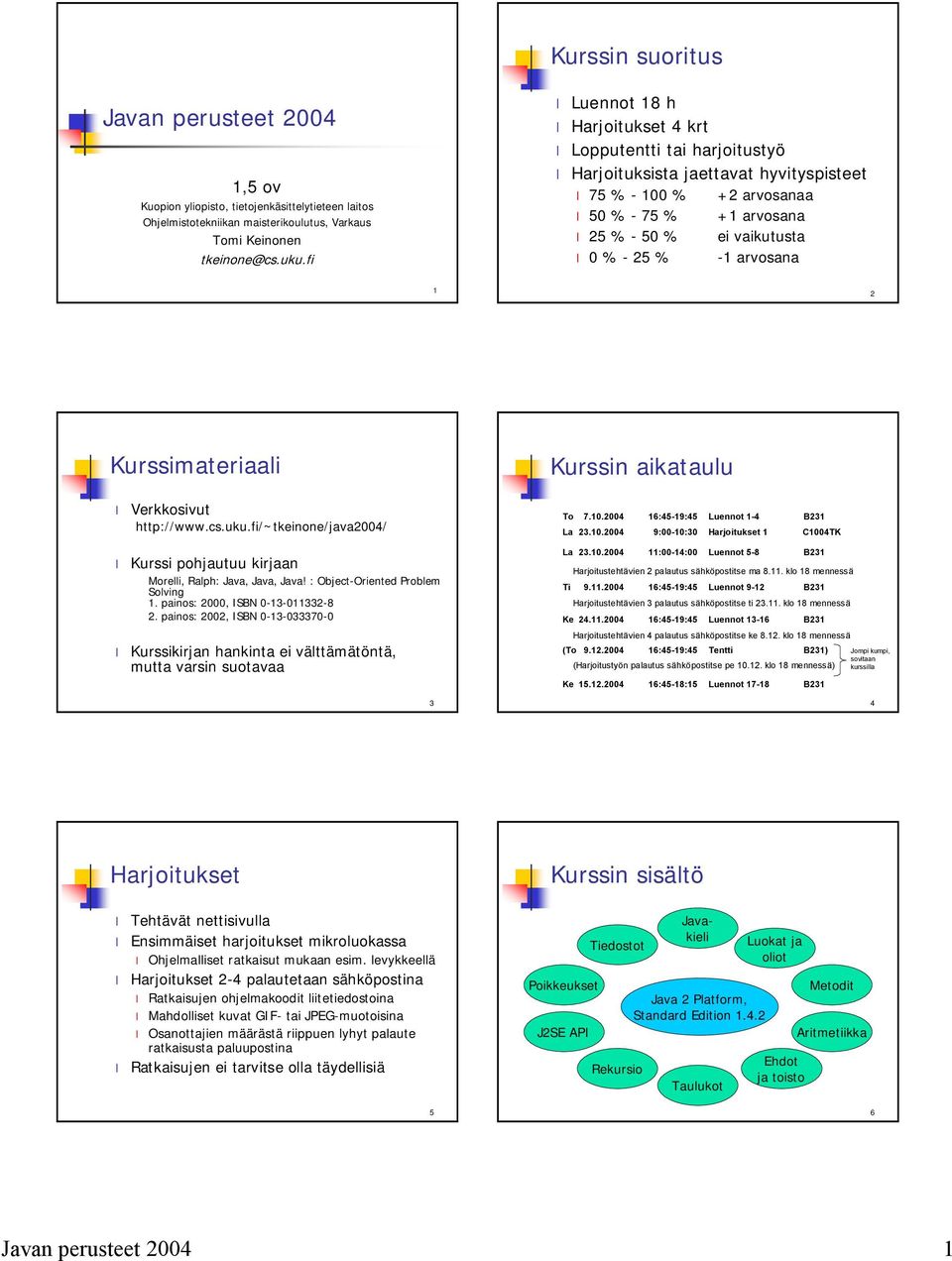 Kurssimateriaali Verkkosivut http://www.cs.uku.fi/~tkeinone/java2004/ Kurssin aikataulu To 7.10.2004 16:45 19:45 Luennot 1 4 La 23.10.2004 9:00 10:30 Harjoitukset 1 B231 C1004TK Kurssi pohjautuu kirjaan Morelli, Ralph: Java, Java, Java!