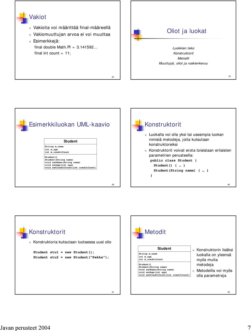 Student() Student(String name) void setname(string name) void setage(int age) void setcreditcount(int creditcount) Konstruktorit Luokalla voi olla yksi tai useampia luokan nimisiä metodeja, joita