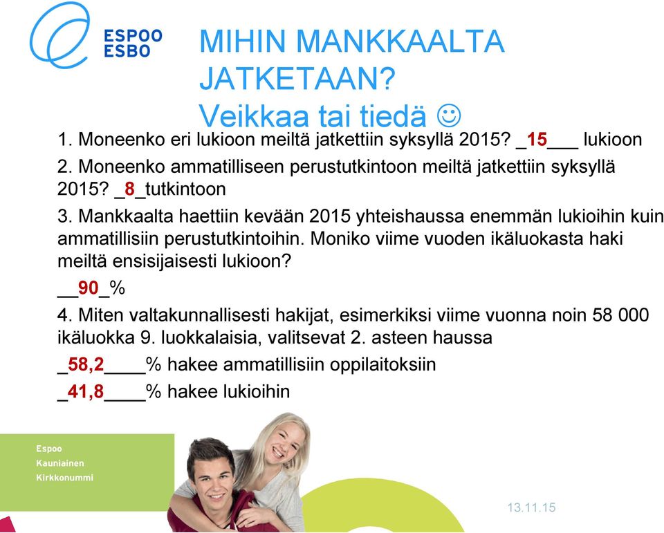 Mankkaalta haettiin kevään 2015 yhteishaussa enemmän lukioihin kuin ammatillisiin perustutkintoihin.