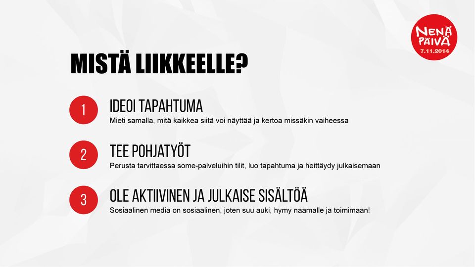 missäkin vaiheessa 2 Tee pohjatyöt Perusta tarvittaessa some-palveluihin tilit,
