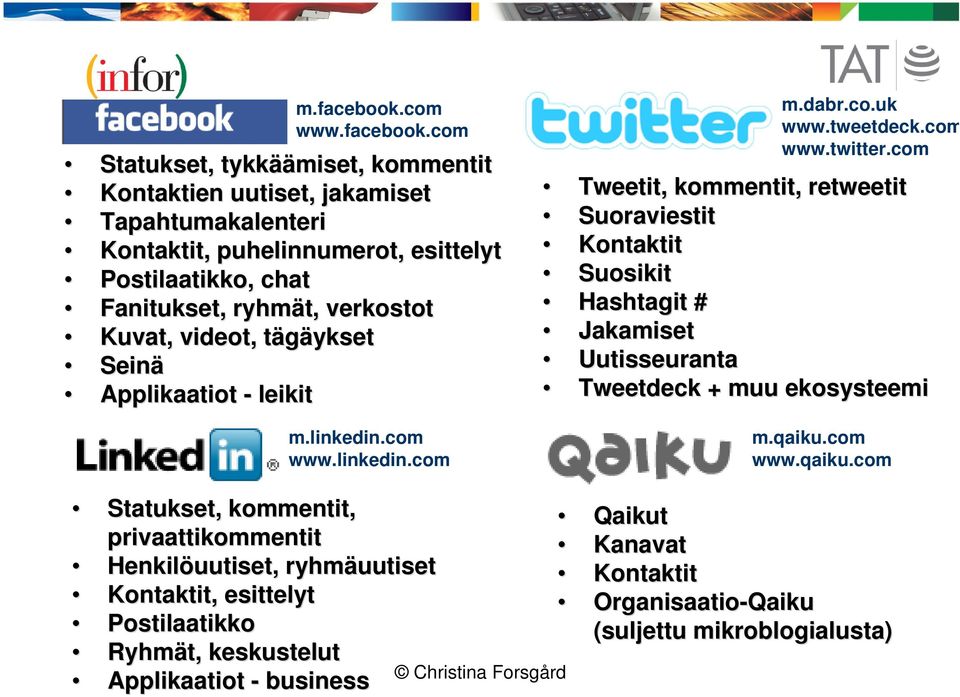 com Statukset, tykkää äämiset, kommentit Kontaktien uutiset, jakamiset Tapahtumakalenteri Kontaktit, puhelinnumerot, esittelyt Postilaatikko, chat Fanitukset, ryhmät, verkostot