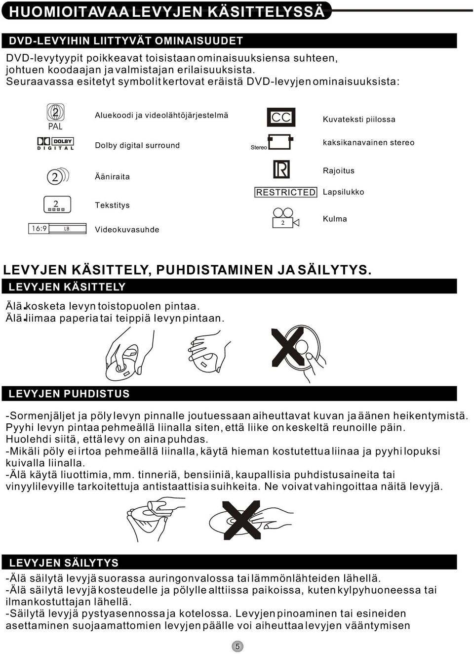 Videokuvasuhde Rajoitus Lapsilukko Kulma LEVYJEN KÄSITTELY, PUHDISTAMINEN JA SÄILYTYS. LEVYJEN KÄSITTELY Älä kosketa levyn toistopuolen pintaa. Älä liimaa paperia tai teippiä levyn pintaan.