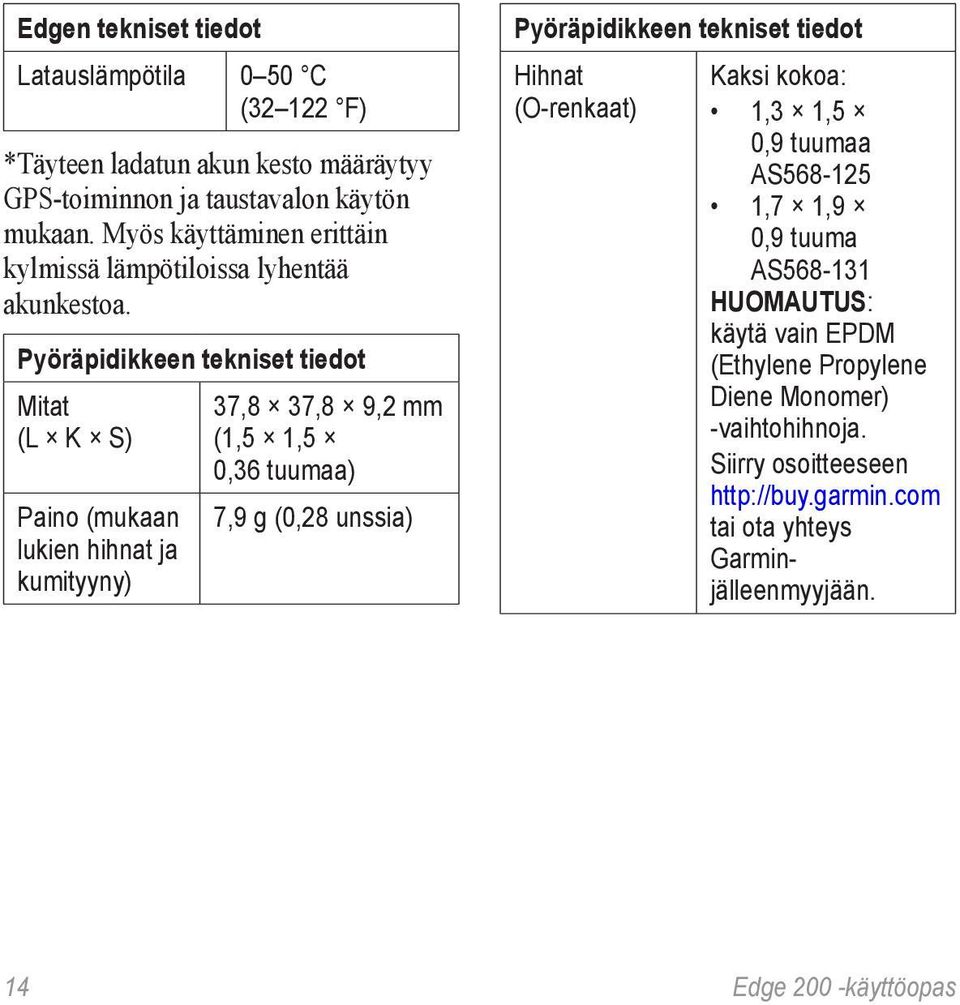 Pyöräpidikkeen tekniset tiedot Mitat (L K S) Paino (mukaan lukien hihnat ja kumityyny) 37,8 37,8 9,2 mm (1,5 1,5 0,36 tuumaa) 7,9 g (0,28 unssia) Pyöräpidikkeen