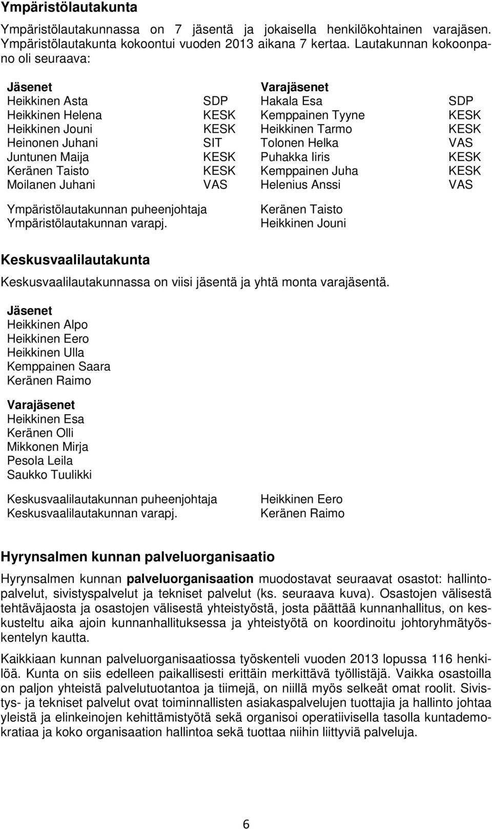 Tolonen Helka VAS Juntunen Maija KESK Puhakka Iiris KESK Keränen Taisto KESK Kemppainen Juha KESK Moilanen Juhani VAS Helenius Anssi VAS Ympäristölautakunnan puheenjohtaja Ympäristölautakunnan varapj.