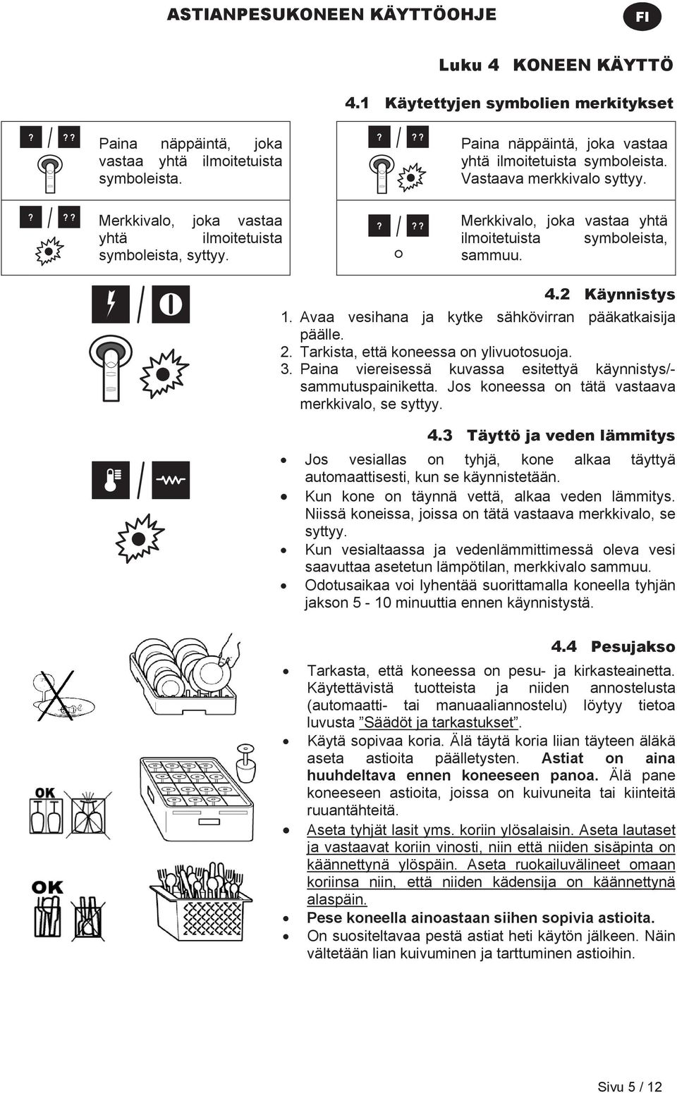 ??? Merkkivalo, joka vastaa yhtä ilmoitetuista sammuu. symboleista, 4.2 Käynnistys 1. Avaa vesihana ja kytke sähkövirran pääkatkaisija päälle. 2. Tarkista, että koneessa on ylivuotosuoja. 3.