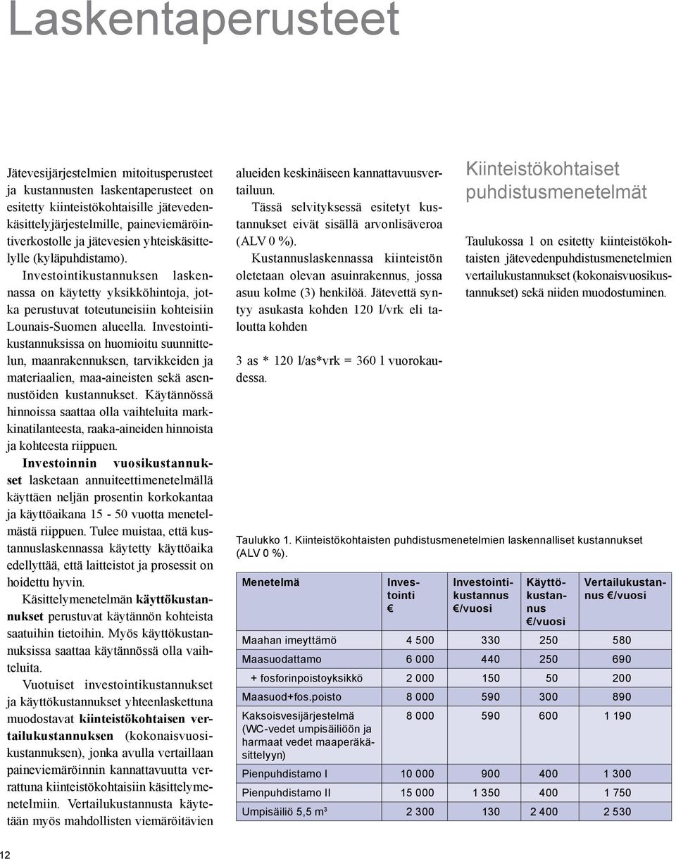 Investointikustannuksissa on huomioitu suunnittelun, maanrakennuksen, tarvikkeiden ja materiaalien, maa-aineisten sekä asennustöiden kustannukset.