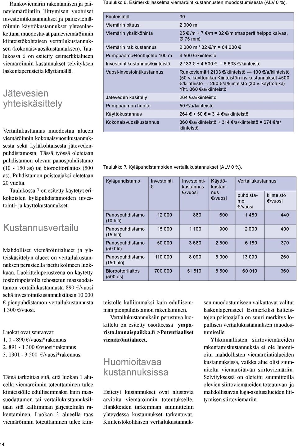 Jätevesien yhteiskäsittely Vertailukustannus muodostuu alueen viemäröinnin kokonaisvuosikustannuksesta sekä kyläkohtaisesta jätevedenpuhdistamosta.