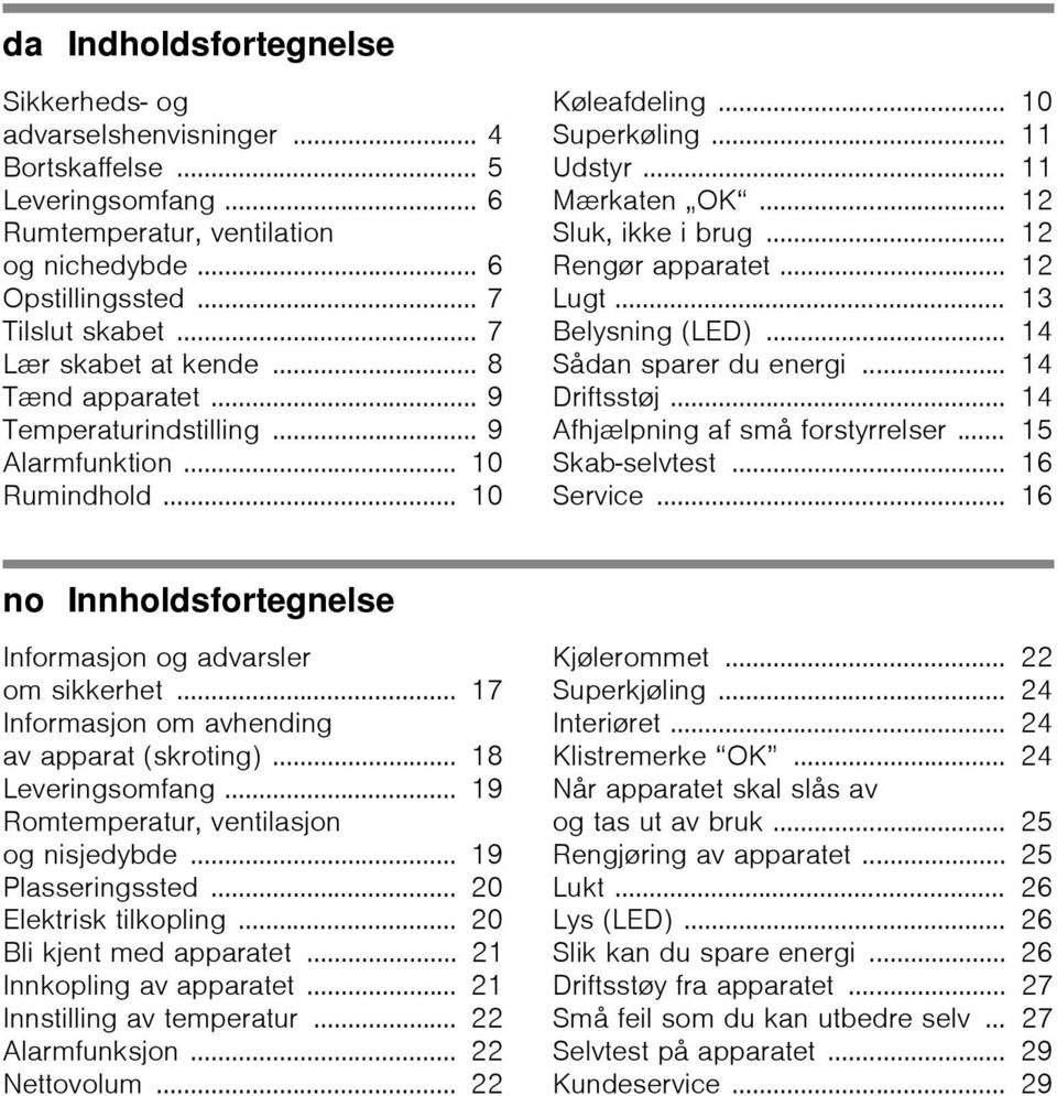 .. 12 Rengør apparatet... 12 Lugt... 13 Belysning (LED)... 14 Sådan sparer du energi... 14 Driftsstøj... 14 Afhjælpning af små forstyrrelser... 15 Skab-selvtest... 16 Service.