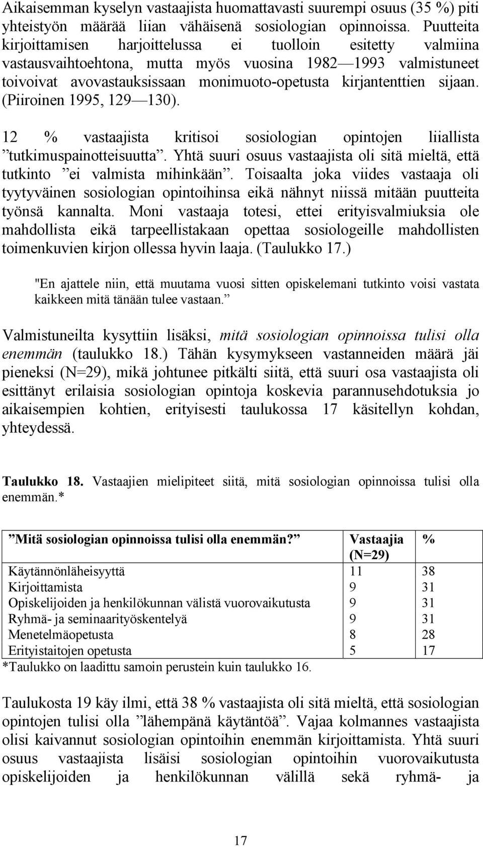 sijaan. (Piiroinen 1995, 129 130). 12 % vastaajista kritisoi sosiologian opintojen liiallista tutkimuspainotteisuutta.