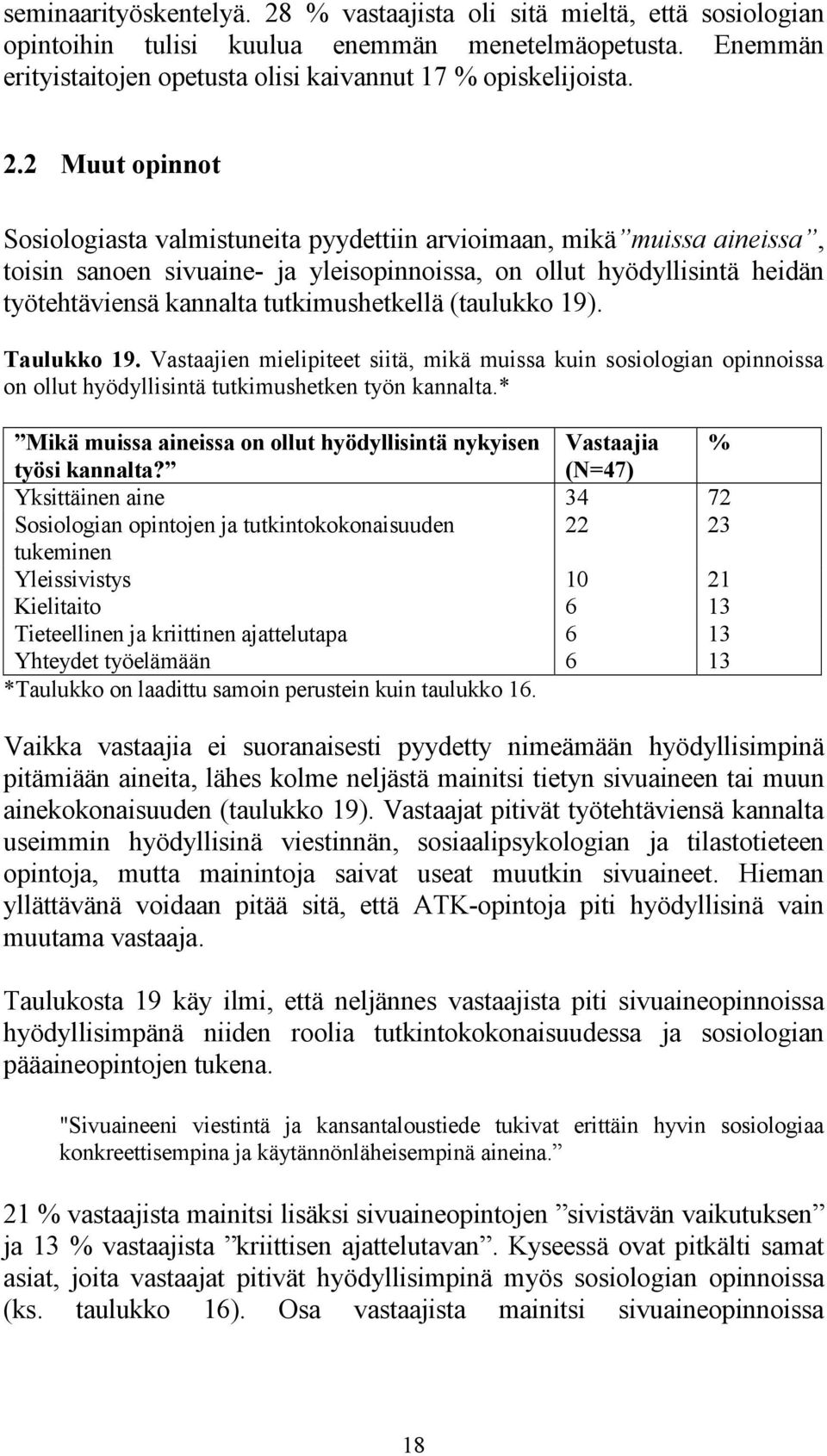 2 Muut opinnot Sosiologiasta valmistuneita pyydettiin arvioimaan, mikä muissa aineissa, toisin sanoen sivuaine- ja yleisopinnoissa, on ollut hyödyllisintä heidän työtehtäviensä kannalta
