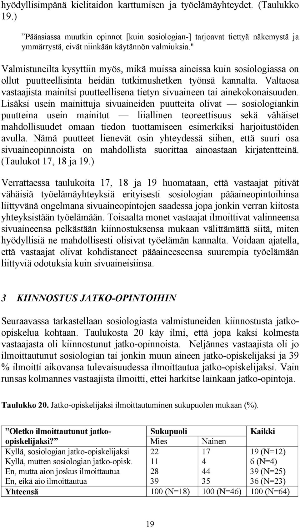" Valmistuneilta kysyttiin myös, mikä muissa aineissa kuin sosiologiassa on ollut puutteellisinta heidän tutkimushetken työnsä kannalta.