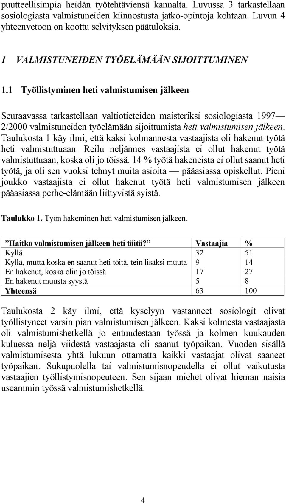 1 Työllistyminen heti valmistumisen jälkeen Seuraavassa tarkastellaan valtiotieteiden maisteriksi sosiologiasta 1997 2/2000 valmistuneiden työelämään sijoittumista heti valmistumisen jälkeen.