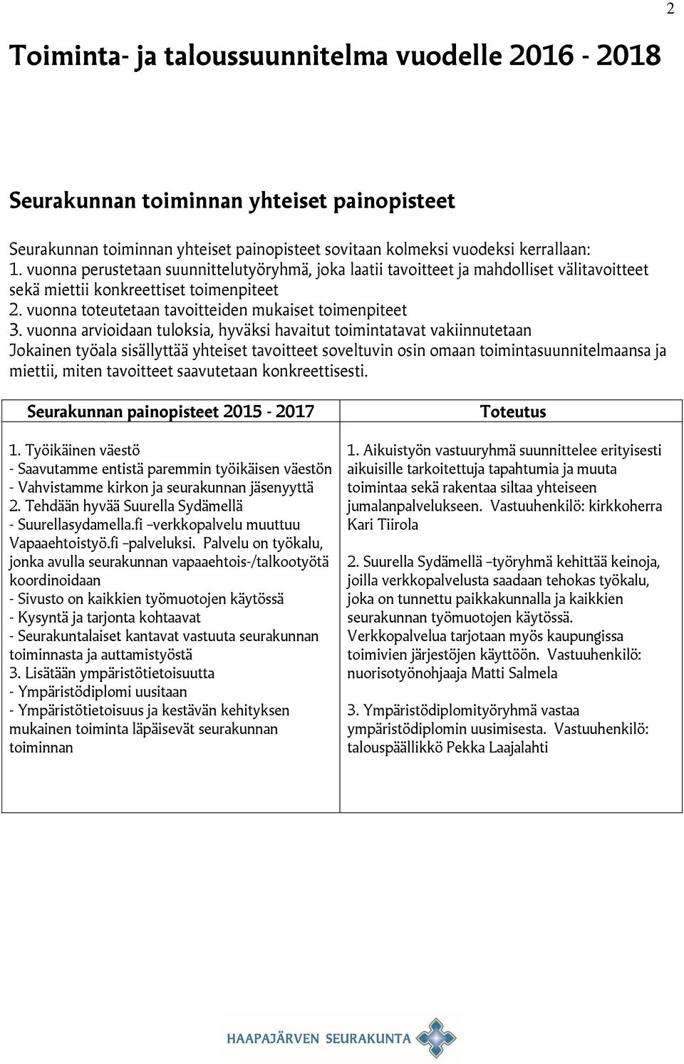 vuonna arvioidaan tuloksia, hyväksi havaitut toimintatavat vakiinnutetaan Jokainen työala sisällyttää yhteiset tavoitteet soveltuvin osin omaan toimintasuunnitelmaansa ja miettii, miten tavoitteet