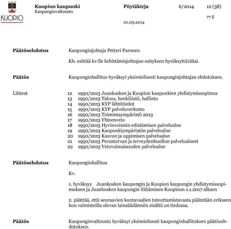 Liitteet 12 1950/2013 Juankosken ja Kuopion kaupunkien yhdistymissopimus 13 1950/2013 Talous, henkilöstö, hallinto 14 1950/2013 KYP lähtötiedot 15 1950/2013 KYP palveluverkosto 16 1950/2013