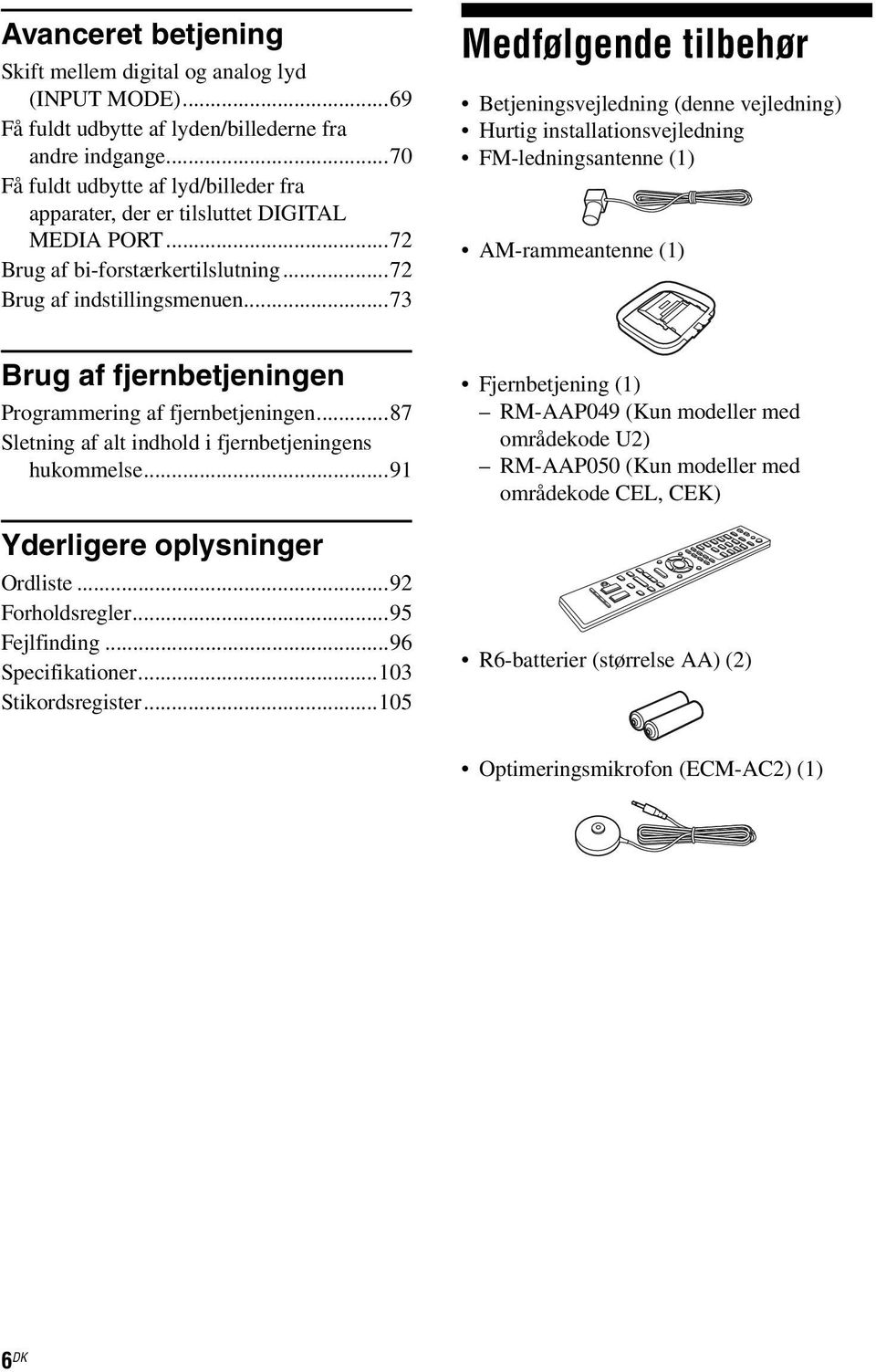 ..73 Medfølgende tilbehør Betjeningsvejledning (denne vejledning) Hurtig installationsvejledning FM-ledningsantenne (1) AM-rammeantenne (1) Brug af fjernbetjeningen Programmering af fjernbetjeningen.