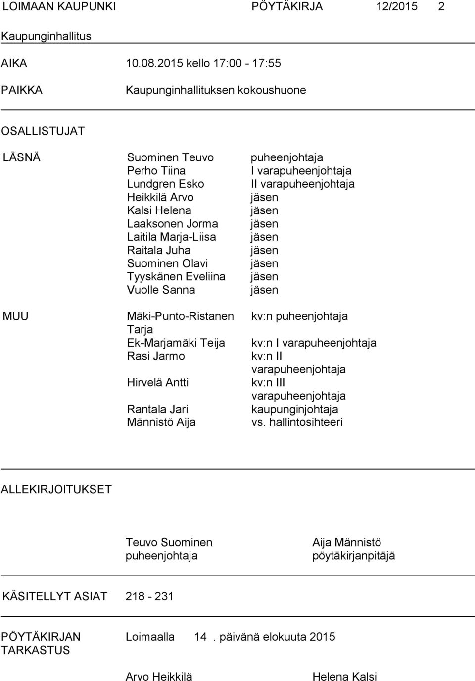 Kalsi Helena jäsen Laaksonen Jorma jäsen Laitila Marja-Liisa jäsen Raitala Juha jäsen Suominen Olavi jäsen Tyyskänen Eveliina jäsen Vuolle Sanna jäsen MUU Mäki-Punto-Ristanen Tarja Ek-Marjamäki Teija