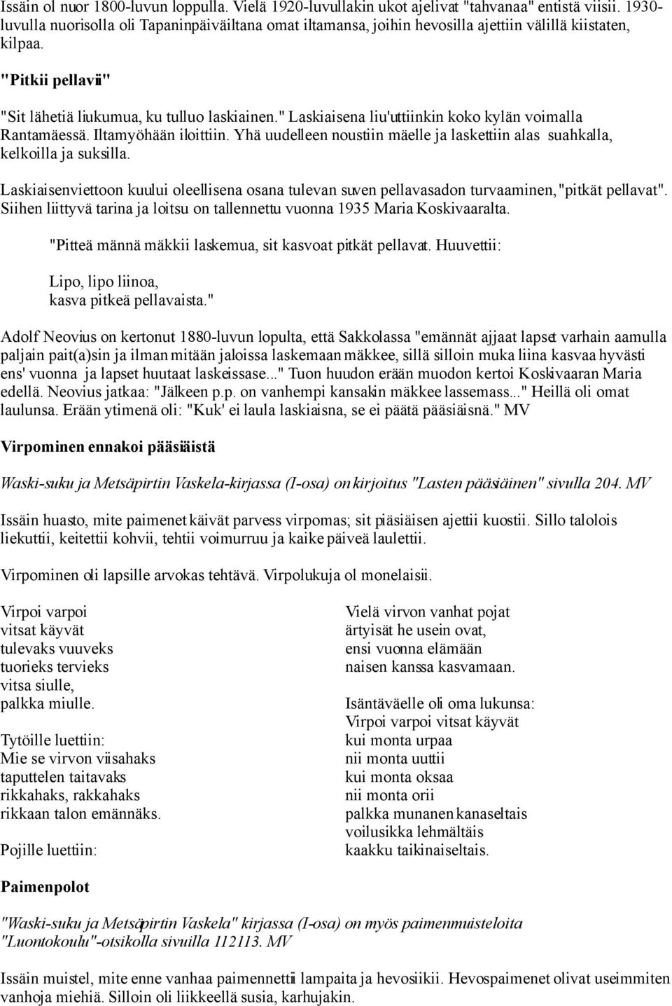 " Laskiaisena liu'uttiinkin koko kylän voimalla Rantamäessä. Iltamyöhään iloittiin. Yhä uudelleen noustiin mäelle ja laskettiin alas suahkalla, kelkoilla ja suksilla.