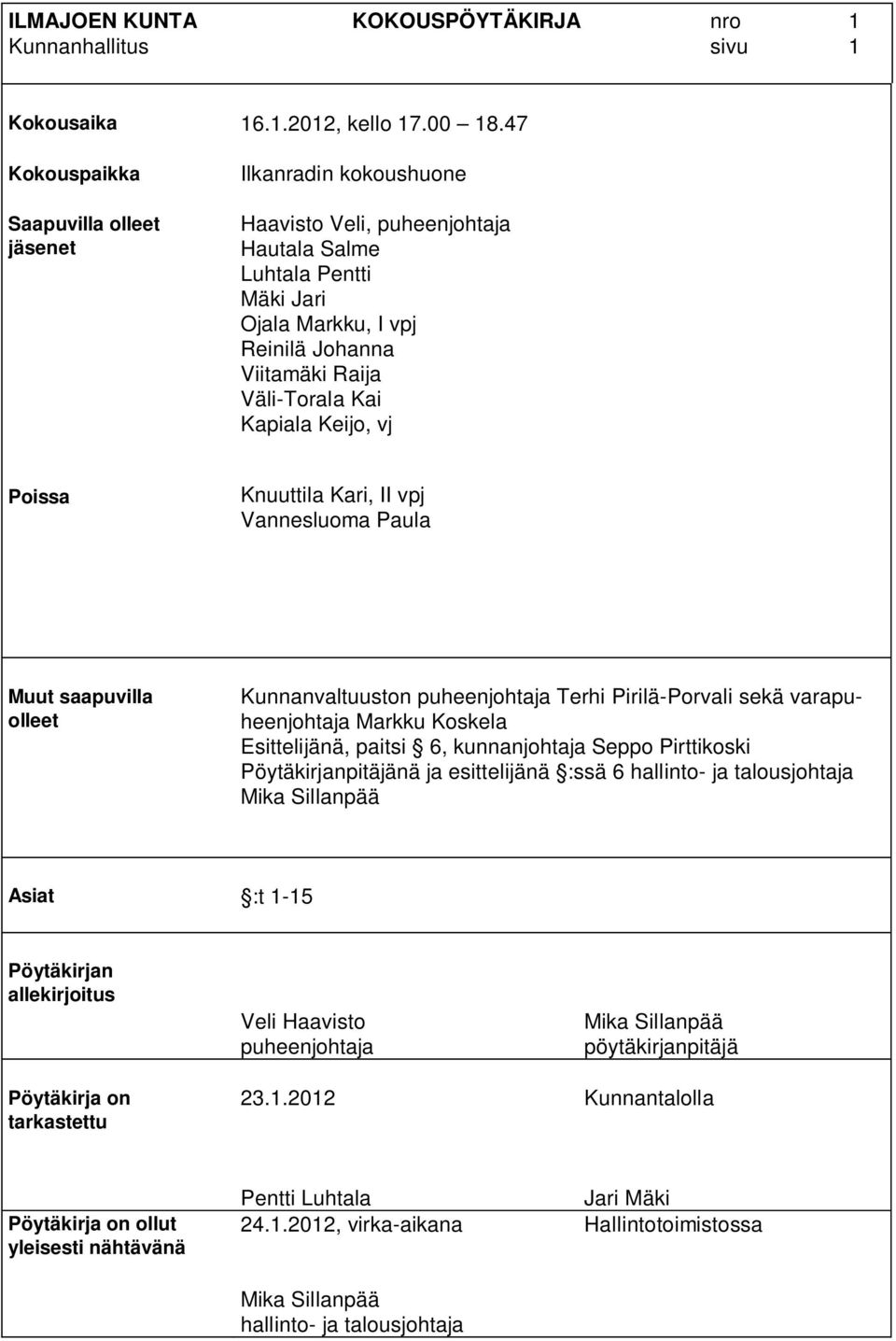 Kai Kapiala Keijo, vj Poissa Knuuttila Kari, II vpj Vannesluoma Paula Muut saapuvilla olleet Kunnanvaltuuston puheenjohtaja Terhi Pirilä-Porvali sekä varapuheenjohtaja Markku Koskela Esittelijänä,
