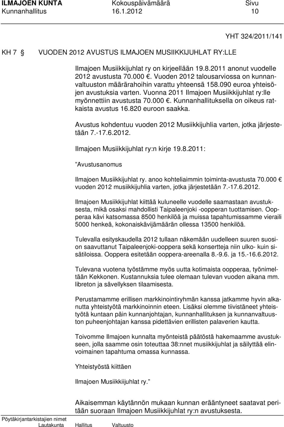 Kunnanhallituksella on oikeus ratkaista avustus 16.820 euroon saakka. Avustus kohdentuu vuoden 2012 Musiikkijuhlia varten, jotka järjestetään 7.-17.6.2012. Ilmajoen Musiikkijuhlat ry:n kirje 19.8.2011: Avustusanomus Ilmajoen Musiikkijuhlat ry.