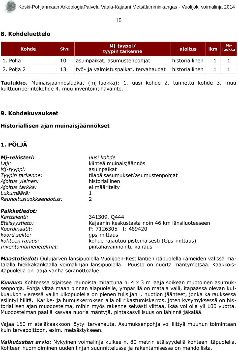 9. Kohdekuvaukset Historiallisen ajan muinaisjäännökset 1.