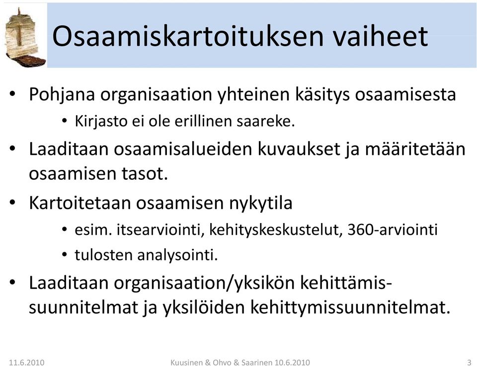 Kartoitetaan osaamisen nykytila esim. itsearviointi, kehityskeskustelut, 360 arviointi tulosten analysointi.