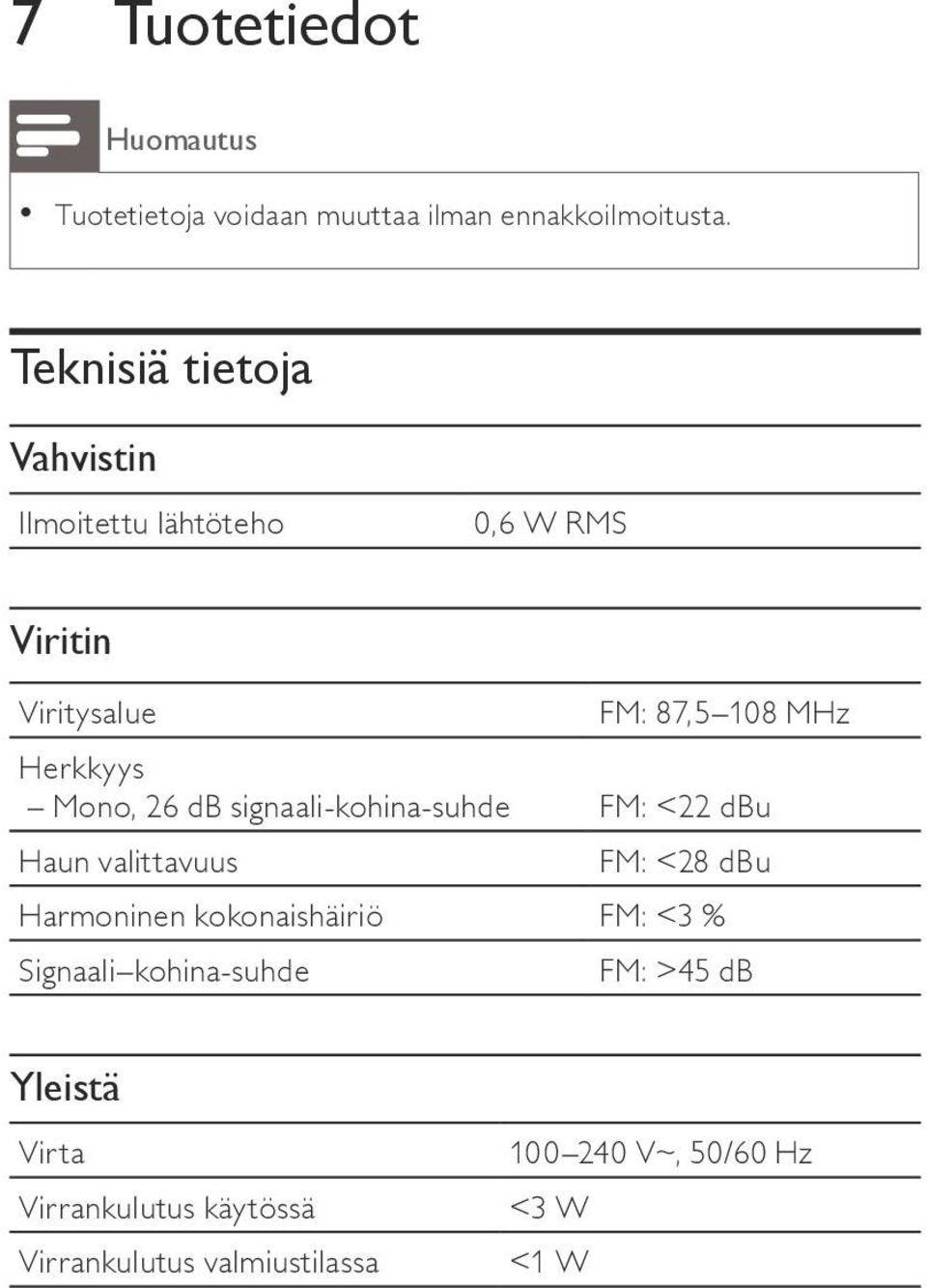 Mono, 26 db signaali-kohina-suhde FM: <22 dbu Haun valittavuus FM: <28 dbu Harmoninen kokonaishäiriö